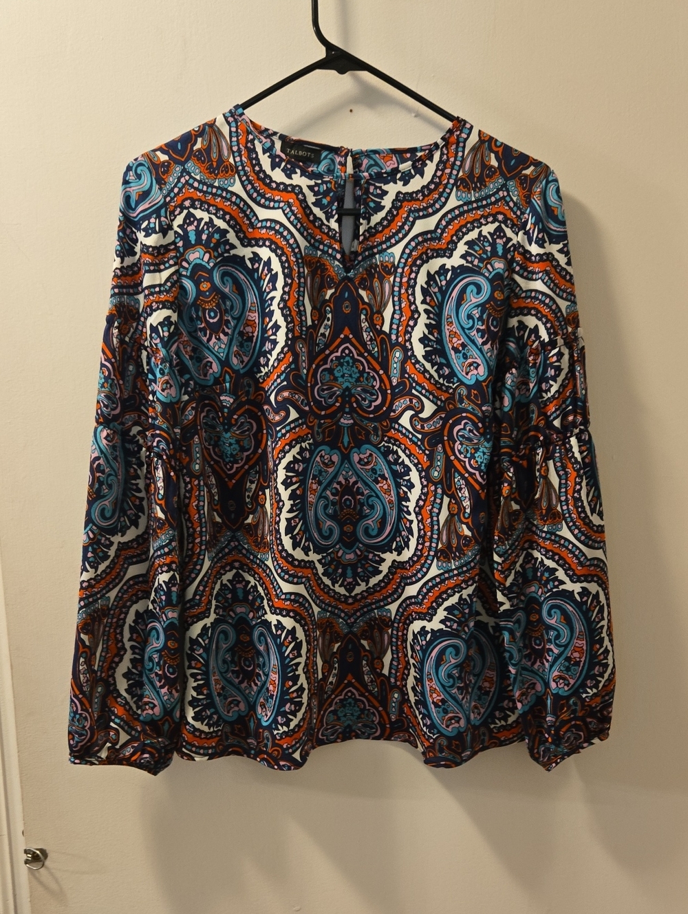 Talbots Navy, Teal & Orange Paisley V-Neck Blouse